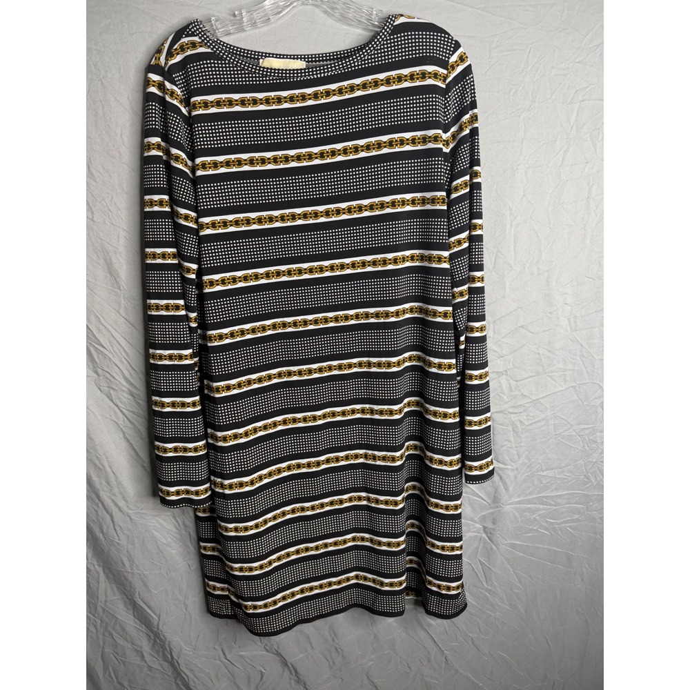 Michael Kors Womens L Black White Gold Chain Stripe Long Sleeve Shift Dress